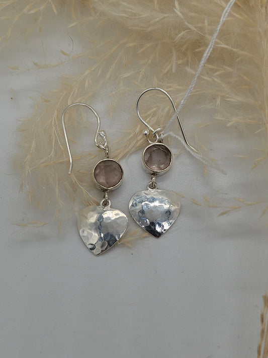 Hammered Sterling Silver Heart earrings with Rose quartz