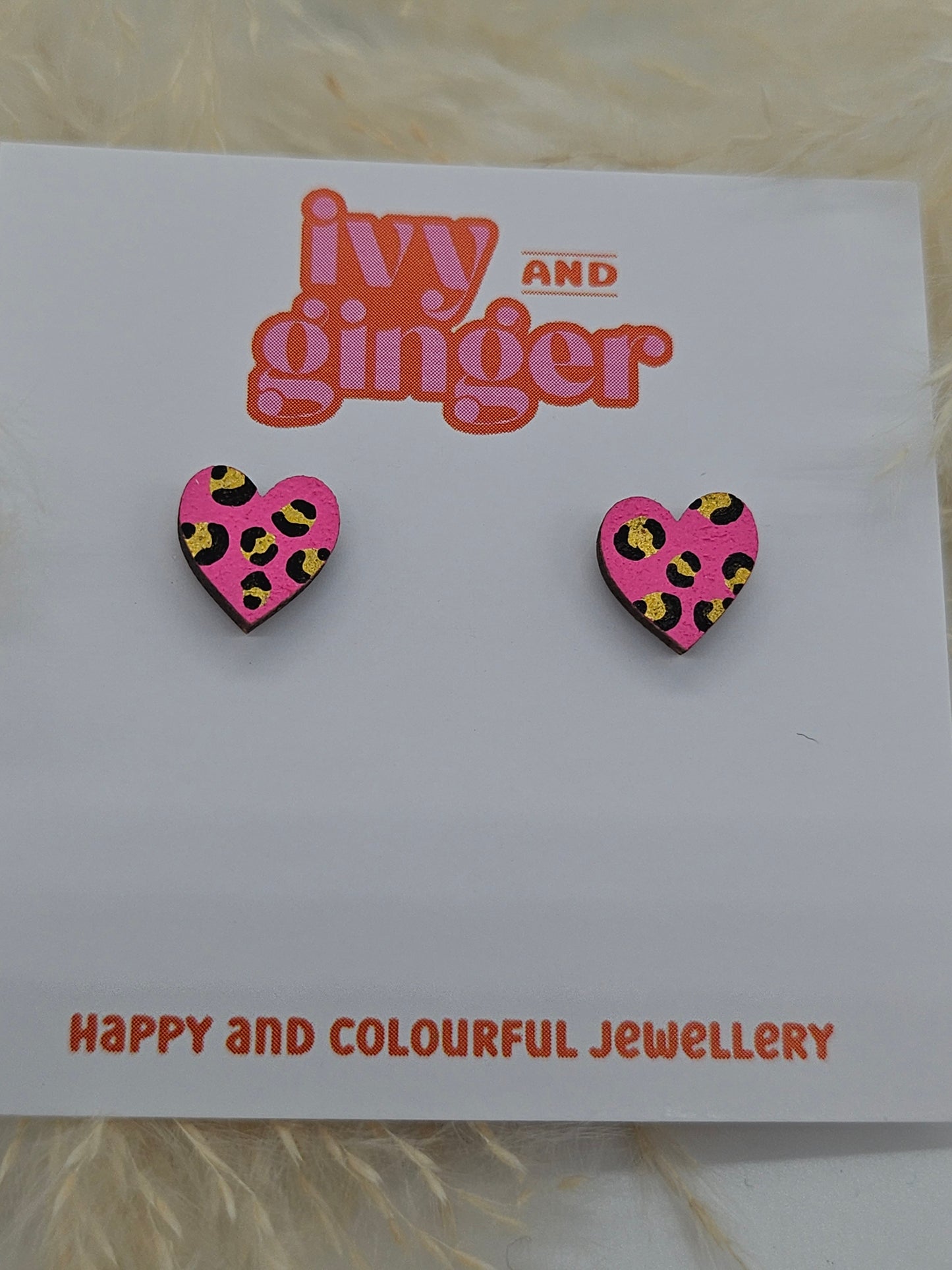 Mini Leopard Print Heart Studs in Bright Pink and Gold