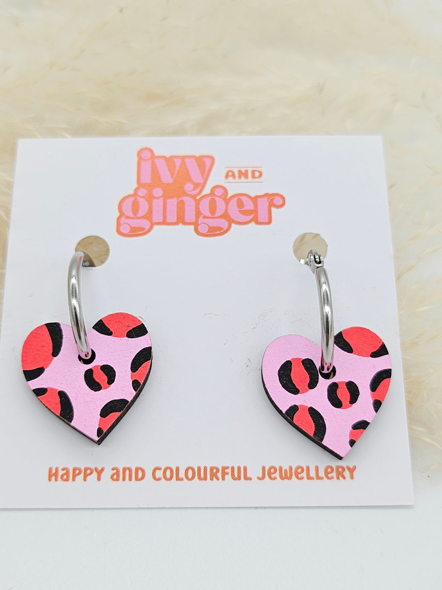 Light Pink and Red Leopard Print Small Heart Hoop Earrings