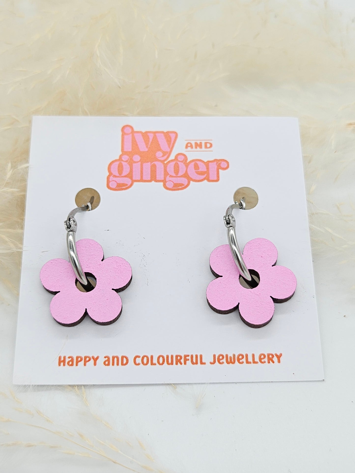 Pink Flower Hand Painted Wooden Hoop Earrings