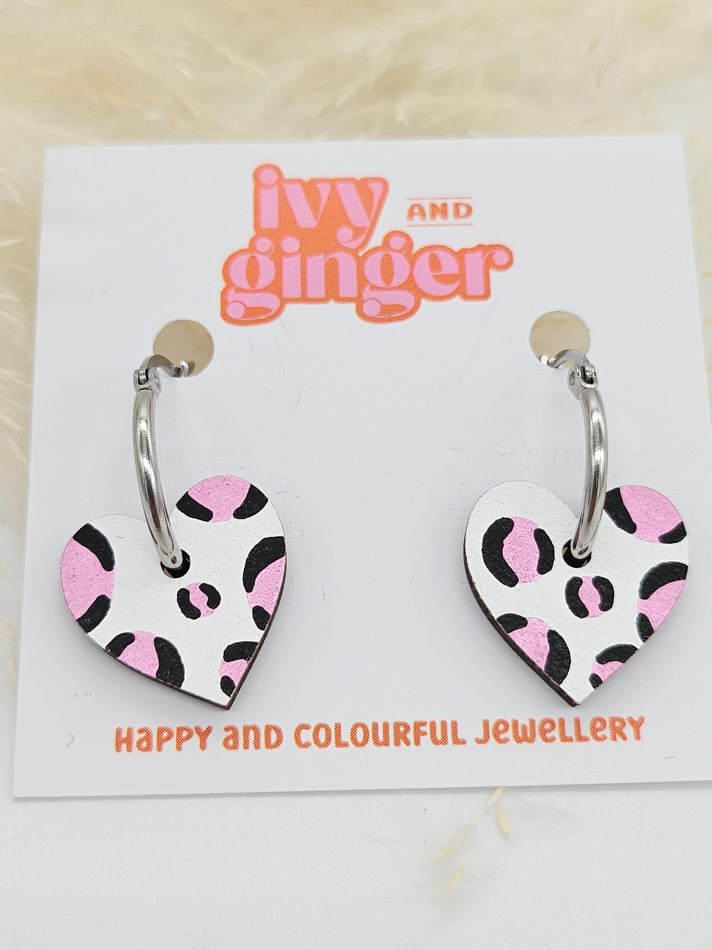 Metallic Pink Leopard Print Small Heart Hoop Earrings