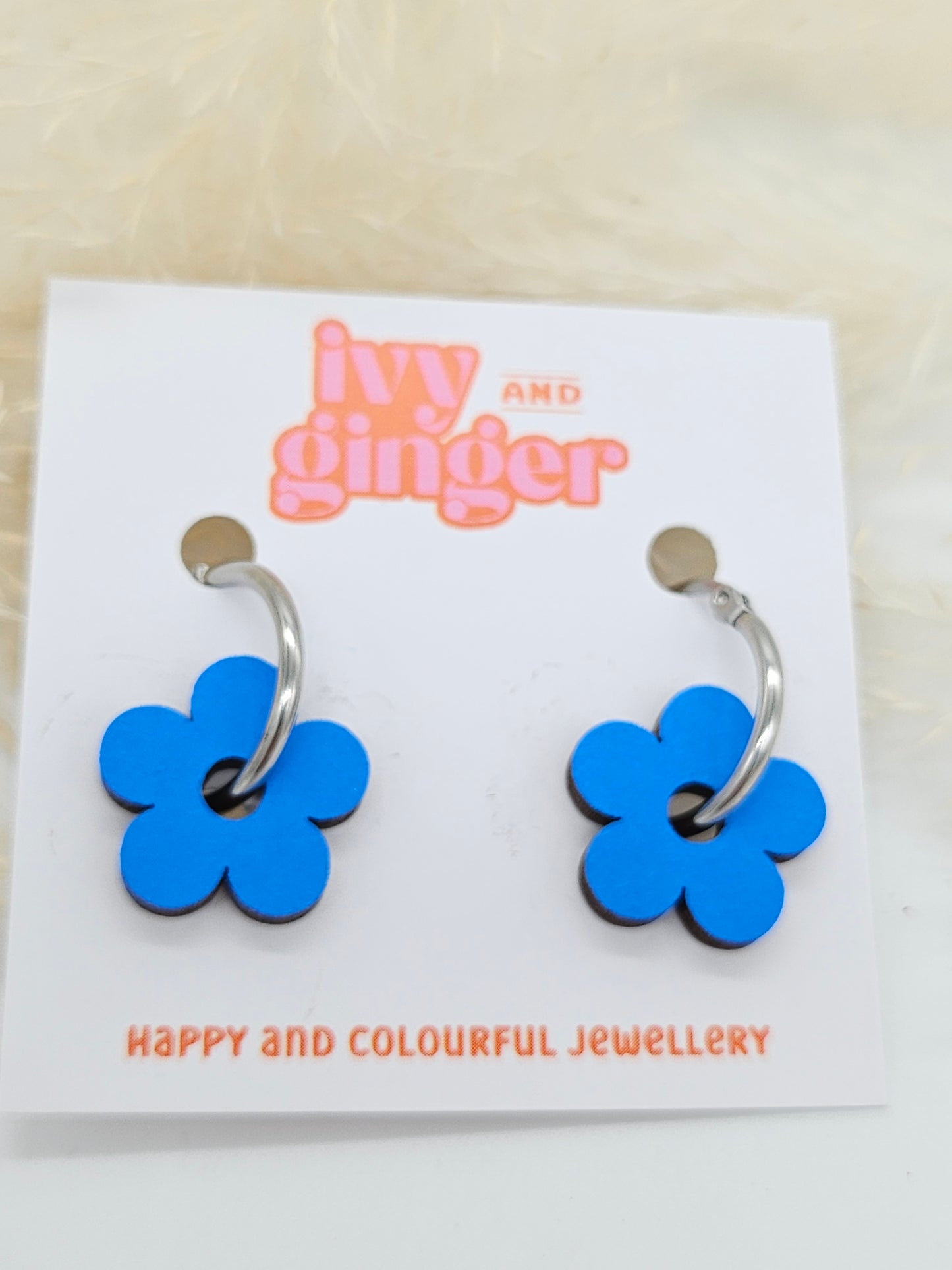 Blue Hand Painted Wooden Flower Hoop Earrings