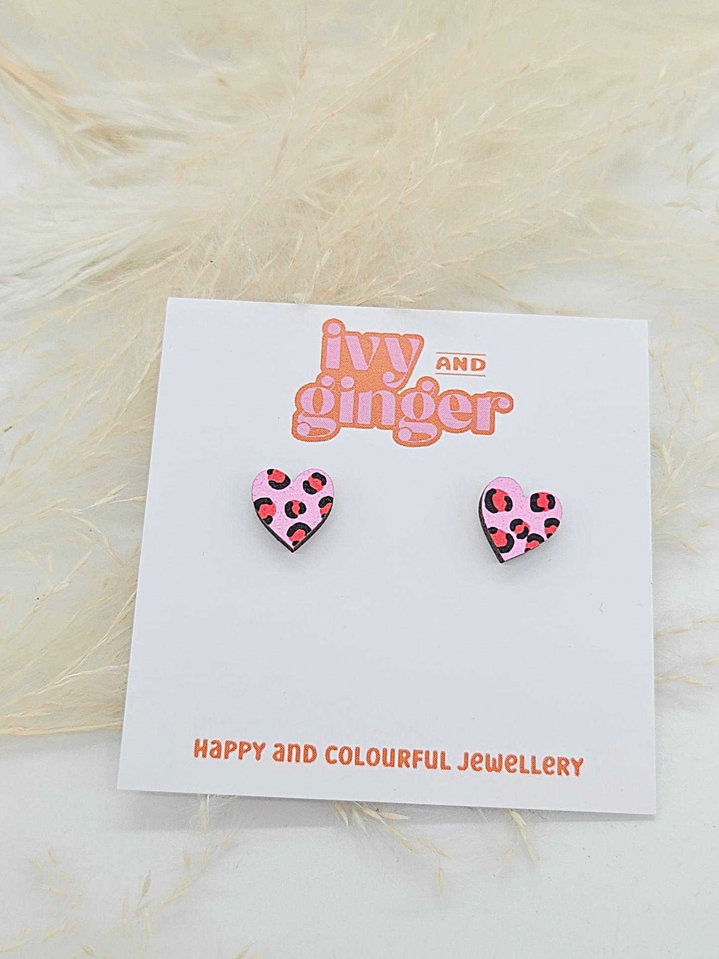 Pink and Red Leopard Print Mini Heart Stud Earrings