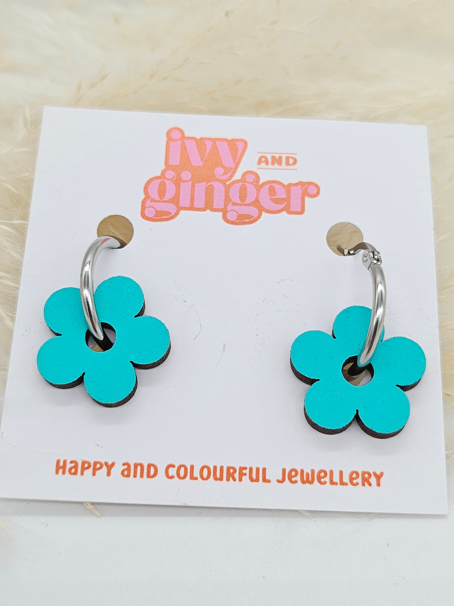 Teal Hand Painted Wooden Flower Hoop Earrings Eco Friendly