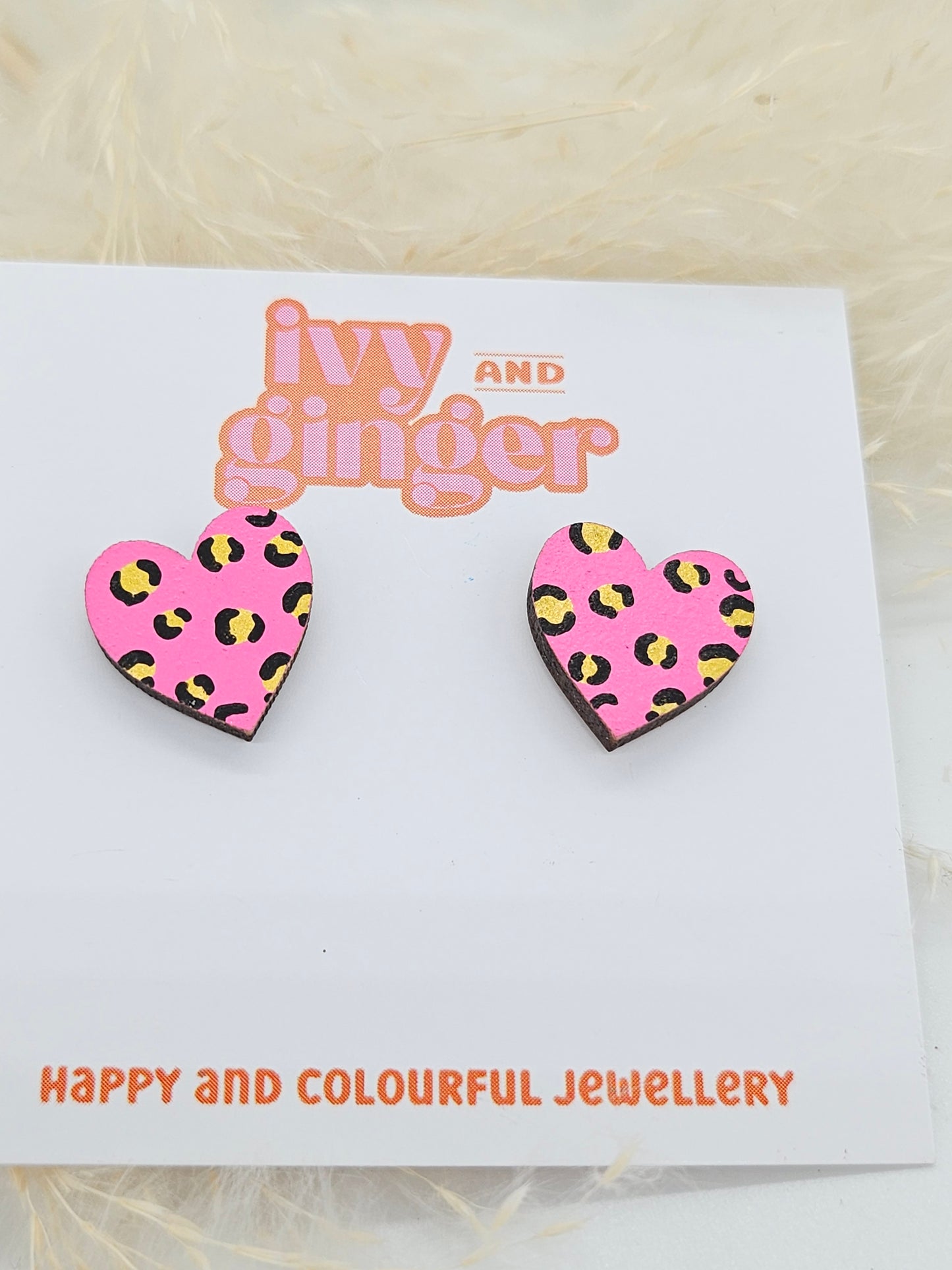 Midi Leopard Print Heart Studs in Bright Pink and Gold