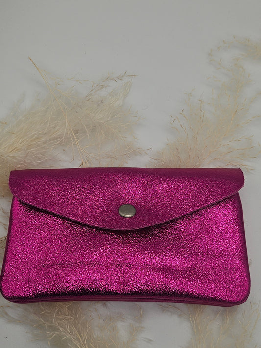 Large Metallic Leather Button Purse Magenta