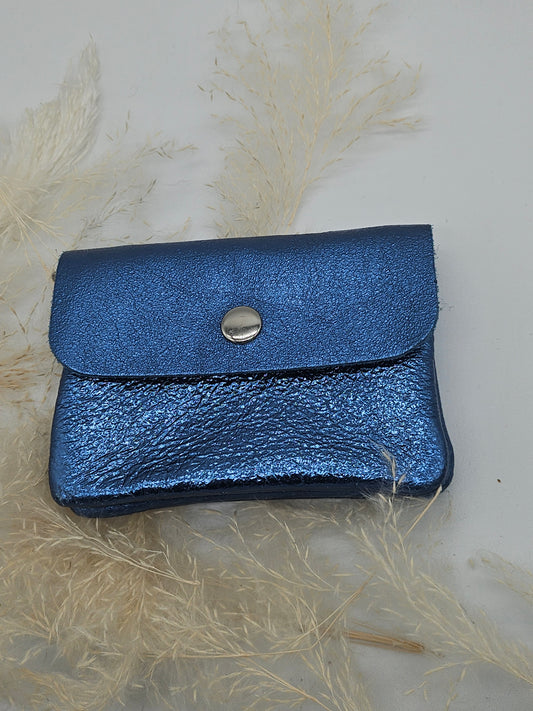 Metallic Leather Button Purse Denim Blue