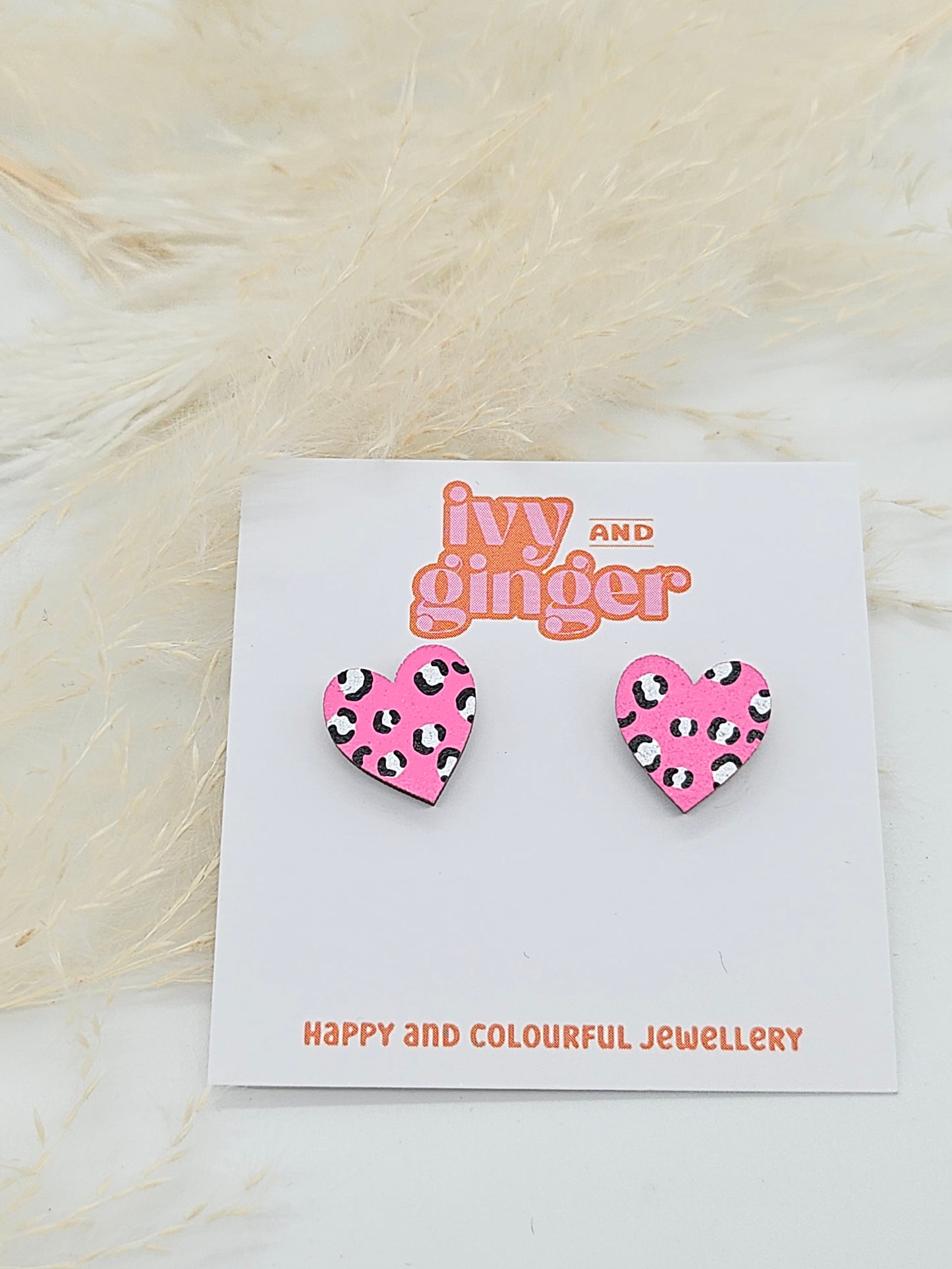 Midi Leopard Print Heart Studs in Bright Pink and Silver