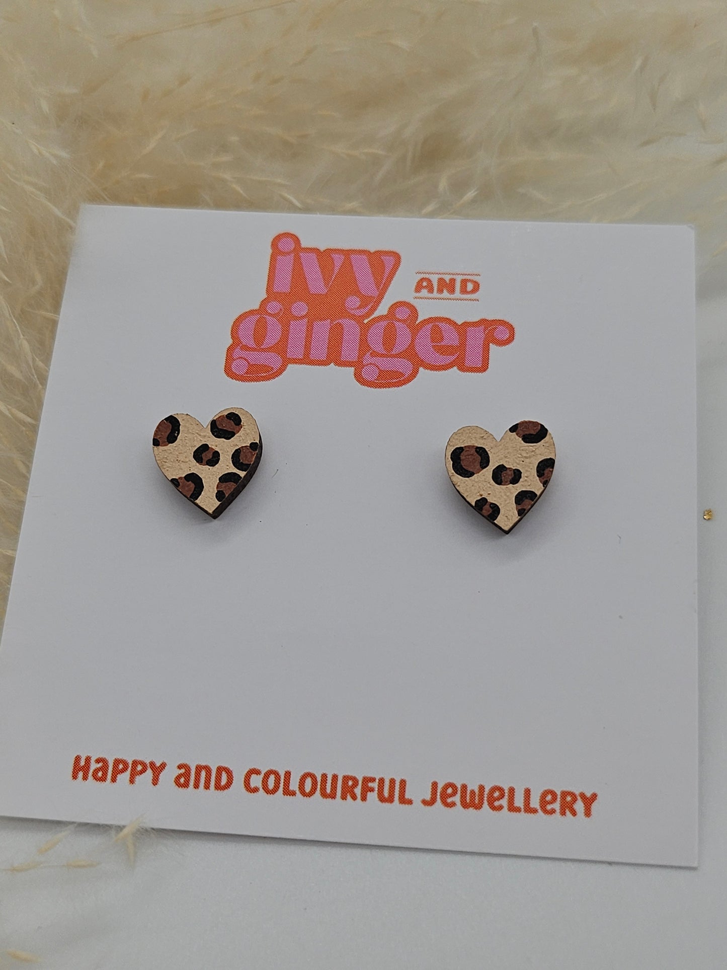 Brown and Beige Leopard Print Mini Heart Studs