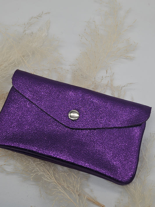 Large Metallic Leather Button Purse Purple