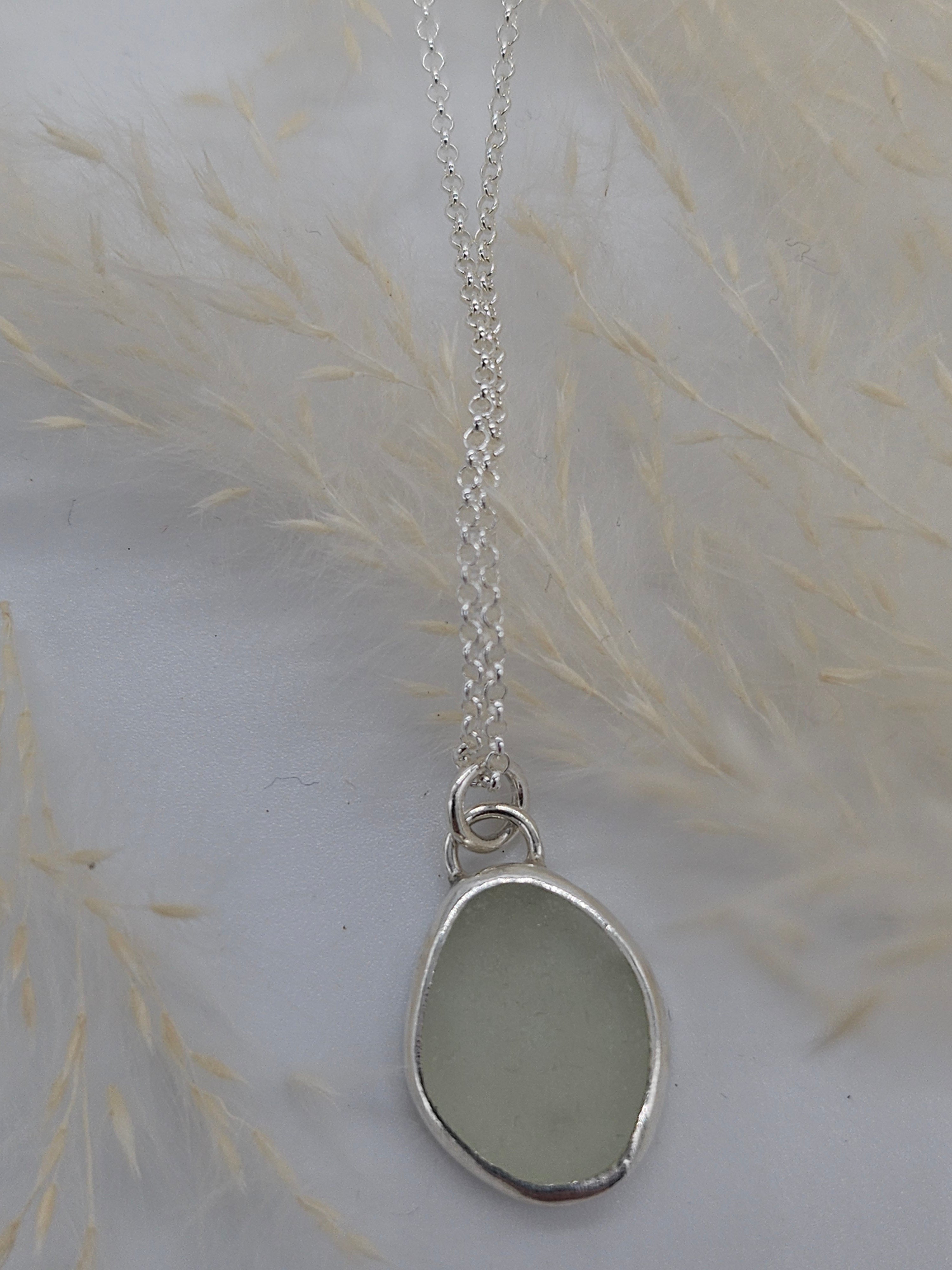 Popular Beautiful Large Oval hammered Silver and Cornish Sea Glass Necklace-