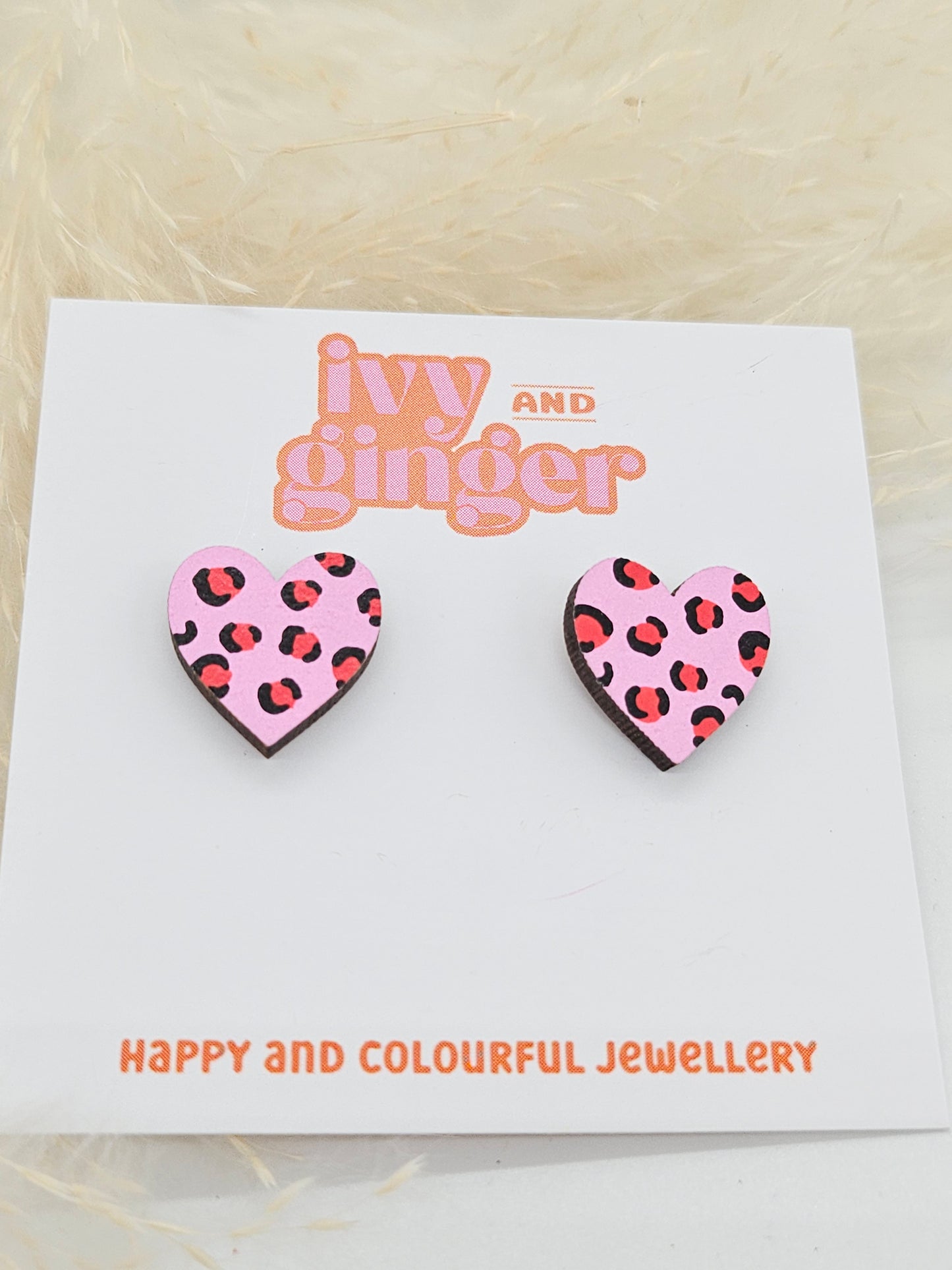 Pink and Red Leopard Print Midi Heart Stud Earrings