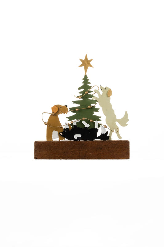 Shoeless Joe Dogs Dressing a Christmas Tree Wooden and Metal Unique Decoration