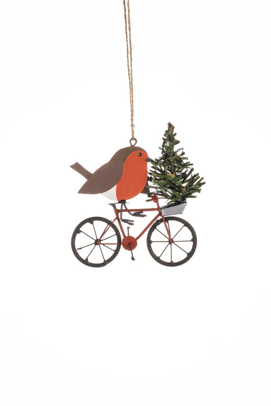 Metal Robin on Bike Christmas Tree Decoration