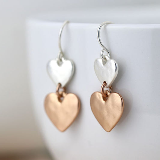 Double Heart Silver Rose Gold Earrings