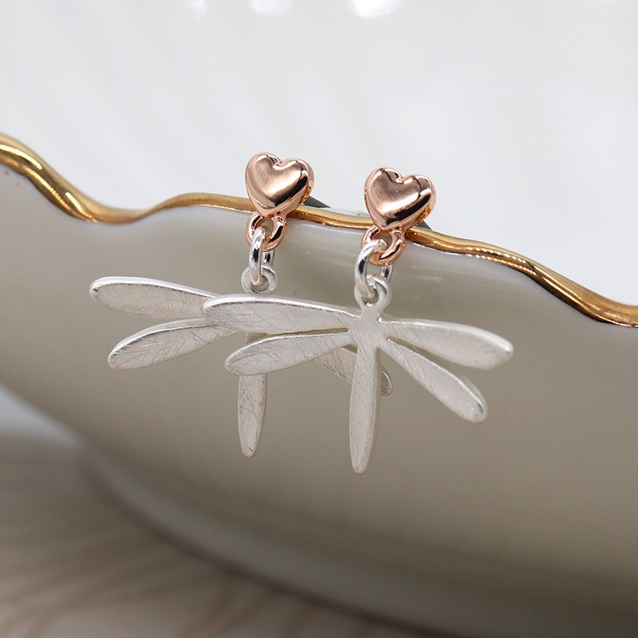 Silver and rose gold plated heart dragonfly drop earrings