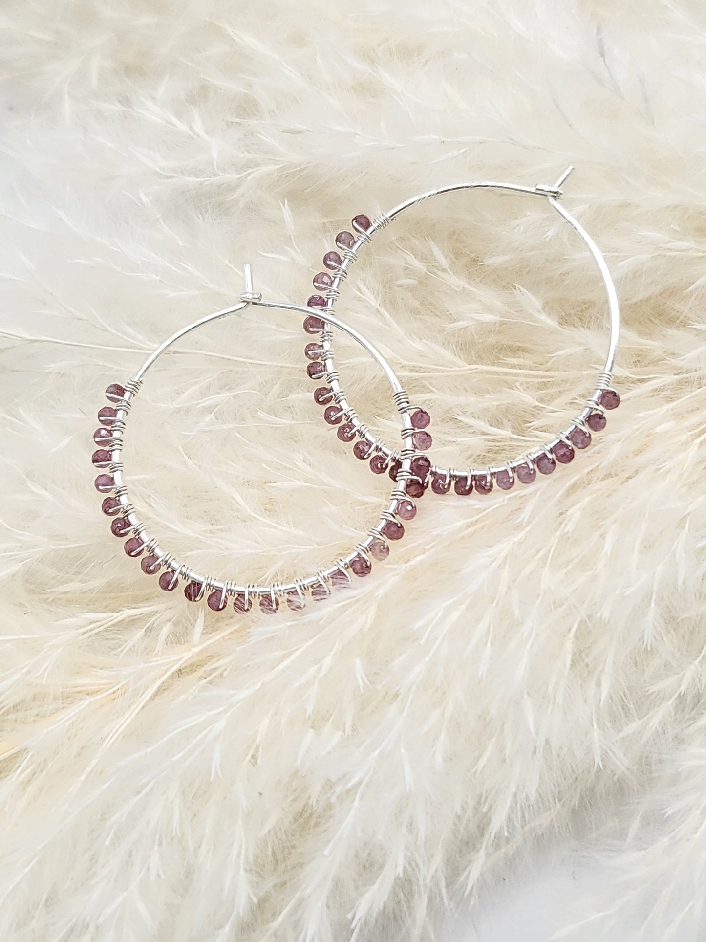 Beaded Pink Tourmaline Silver Hoops