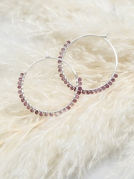 Beaded Pink Tourmaline Silver Hoops