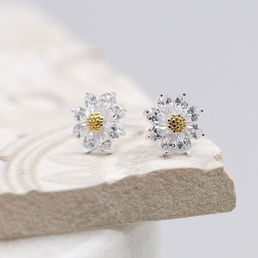 Sterling silver crystal and gold centre flower earrings