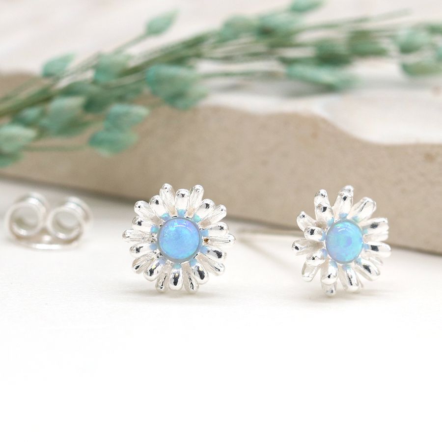 Sterling silver blue opal flower burst earrings