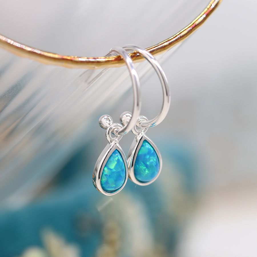 Sterling silver open hoop blue opal drop earrings