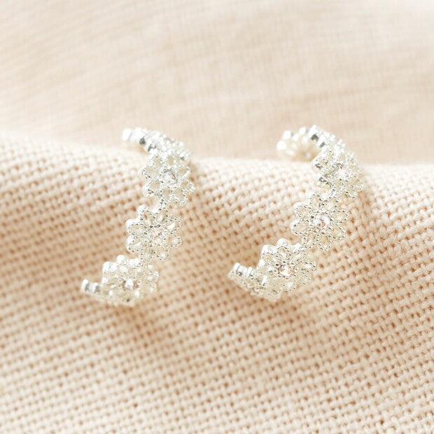 Crystal Daisy Hoop Earrings in Silver